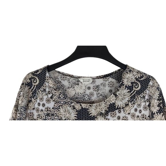 Exclusive One Top Silky Stretch Knit Black White Cream Floral Print Pointed Hem - Picture 2 of 10
